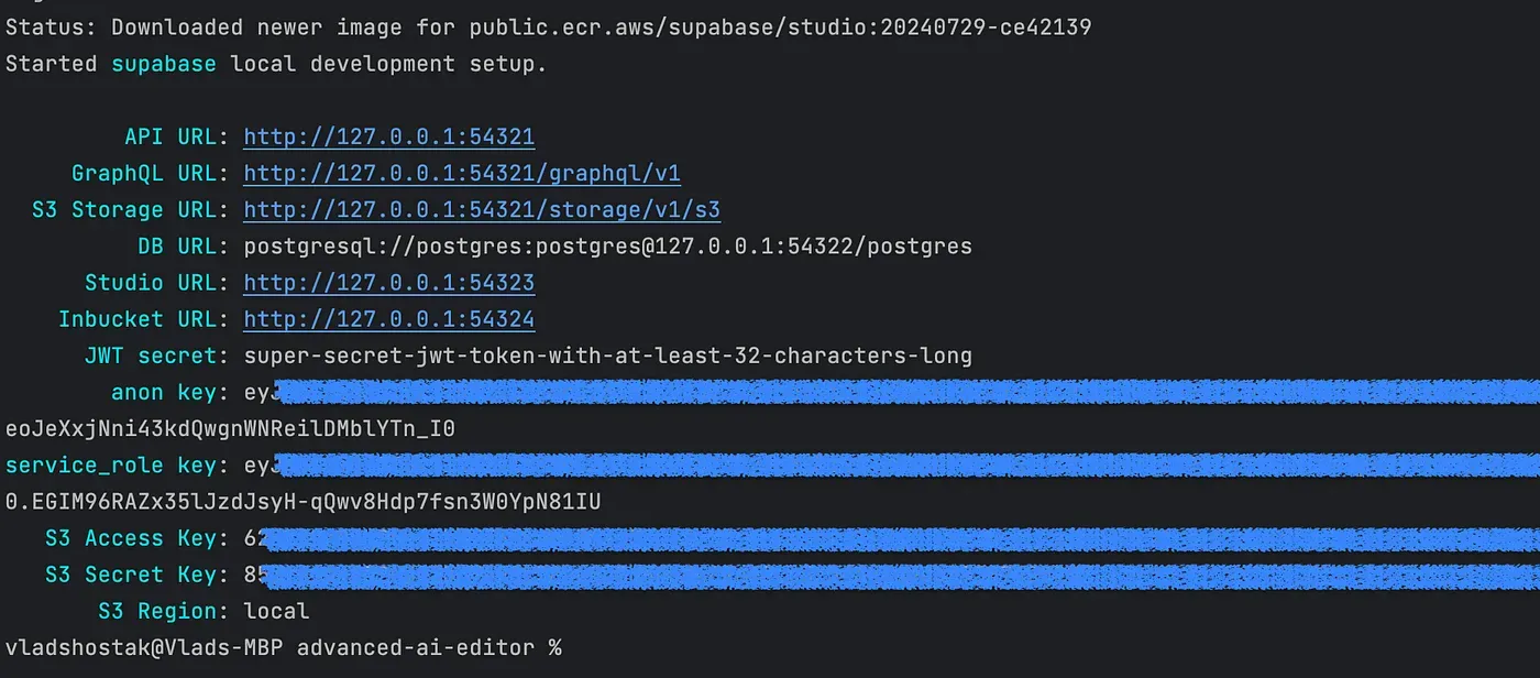 Running supabase start gives you the secret keys for your database