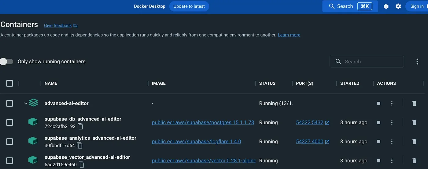 supabase start runs all supabase services in Docker containers